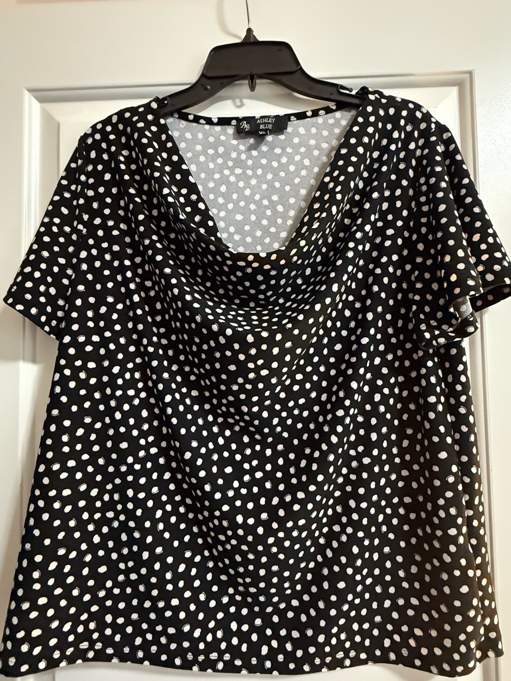 Ashley Blue XL Black White Polka Dot Cowl Neck Blouse